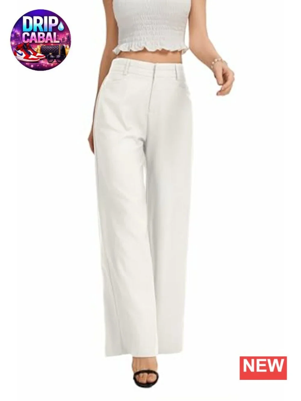 Wide Leg High Waist Work Pants Back Elastic Waistband with Pockets